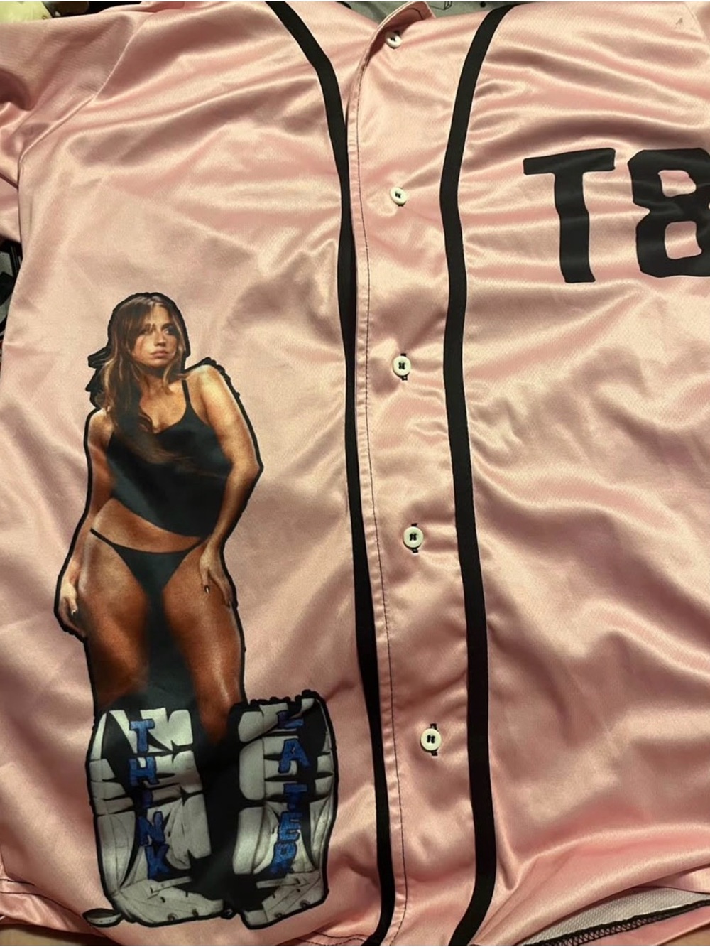 Tate McRae Pink Satin Button-Up Graphic Jersey - Women